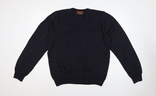 M&S Men’s Black L Merino Wool V-Neck Pullover Jumper Classic Knit