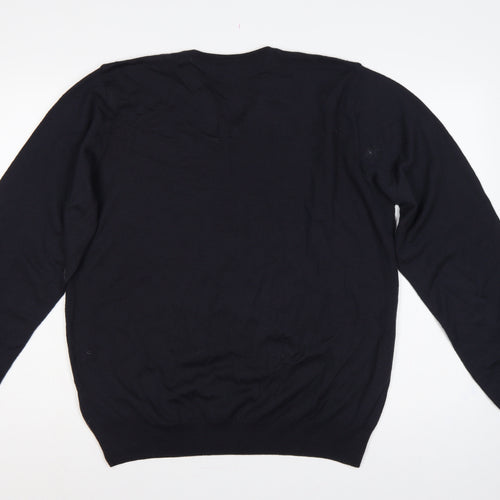 M&S Men’s Black L Merino Wool V-Neck Pullover Jumper Classic Knit