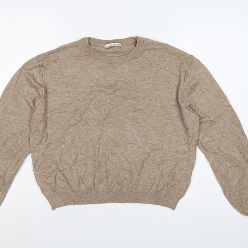 Pull&Bear Women’s Beige L Crew Neck Balloon Sleeve Knit Jumper