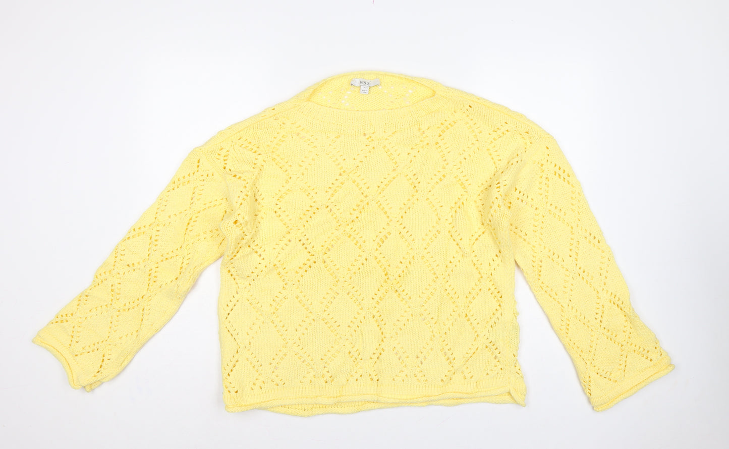 Marks & Spencer Women Yellow L Argyle Open Knit Round Neck Jumper
