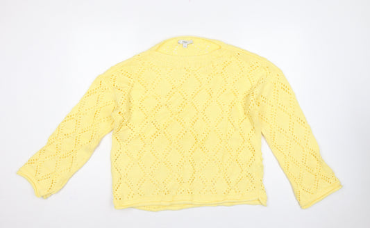 Marks & Spencer Women Yellow L Argyle Open Knit Round Neck Jumper