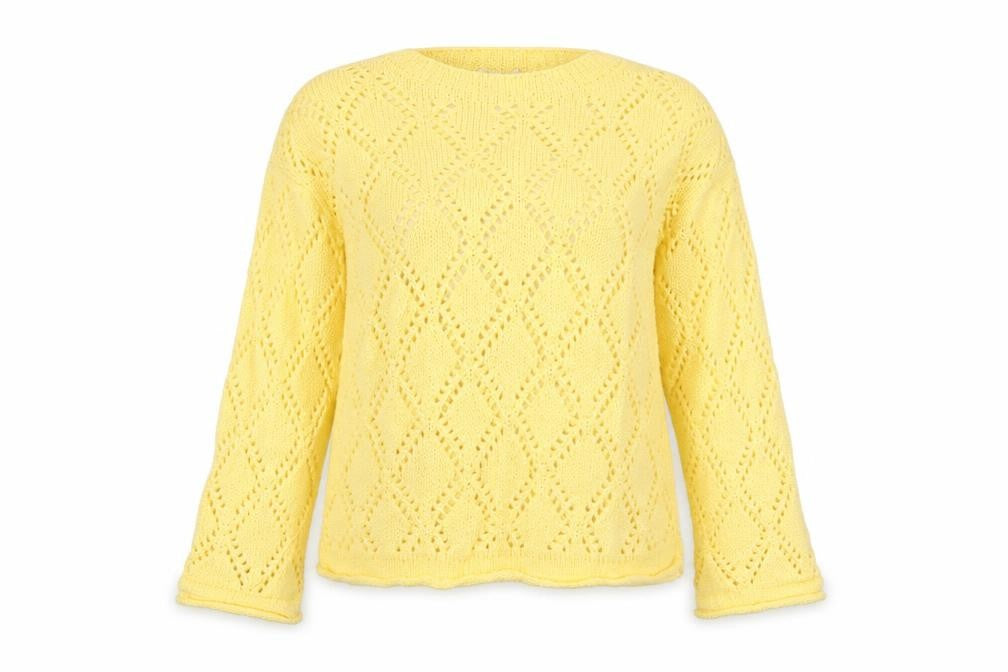 Front view of Marks & Spencer Women Yellow L Argyle Open Knit Round Neck Jumper