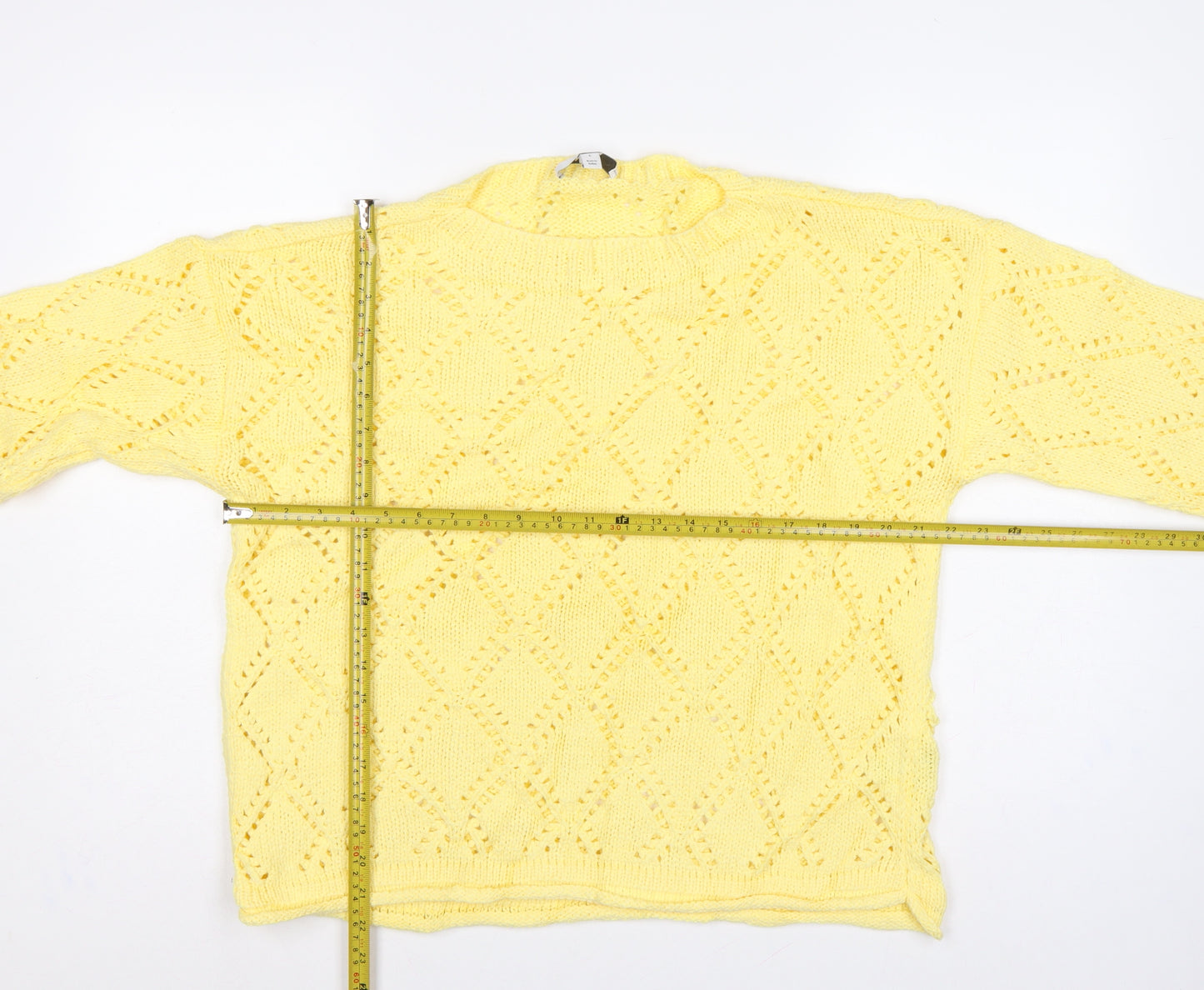 Marks & Spencer Women Yellow L Argyle Open Knit Round Neck Jumper