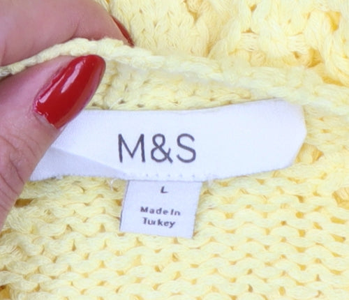 Marks & Spencer Women Yellow L Argyle Open Knit Round Neck Jumper