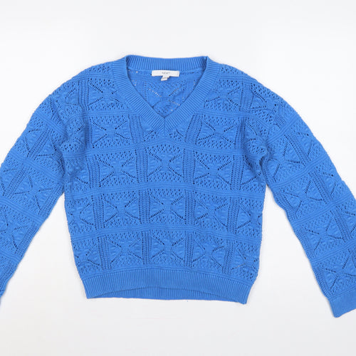 Next Women Blue XS V-Neck Geometric Open Knit Cotton Jumper
