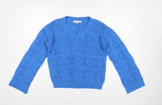 Next Women Blue XS V-Neck Geometric Open Knit Cotton Jumper