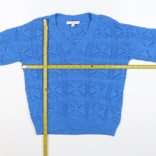 Next Women Blue XS V-Neck Geometric Open Knit Cotton Jumper