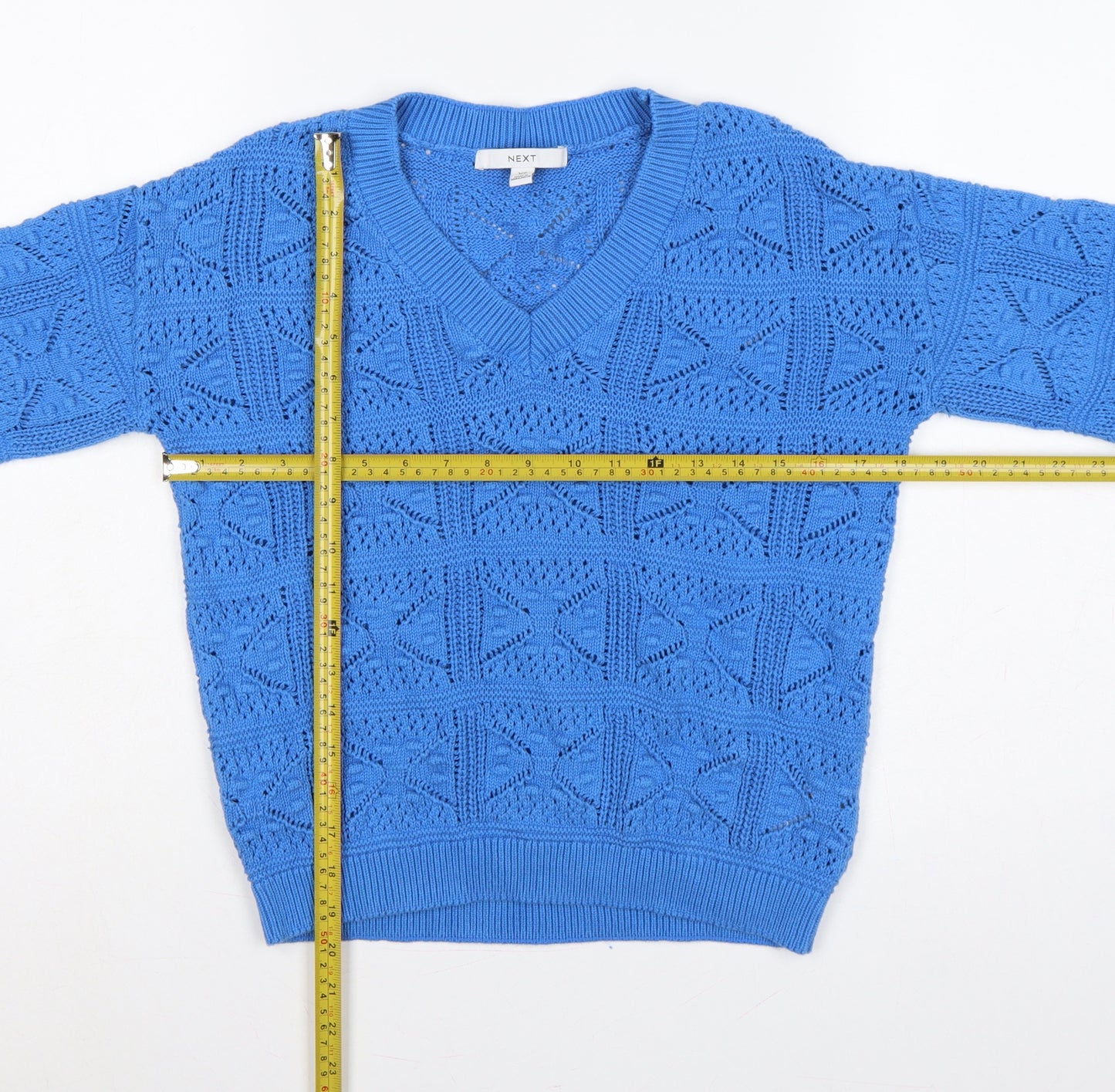 Next Women Blue XS V-Neck Geometric Open Knit Cotton Jumper