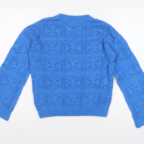 Next Women Blue XS V-Neck Geometric Open Knit Cotton Jumper