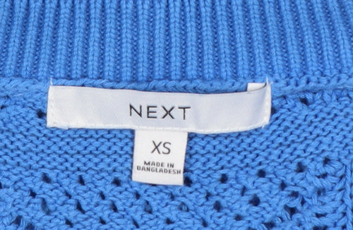 Next Women Blue XS V-Neck Geometric Open Knit Cotton Jumper