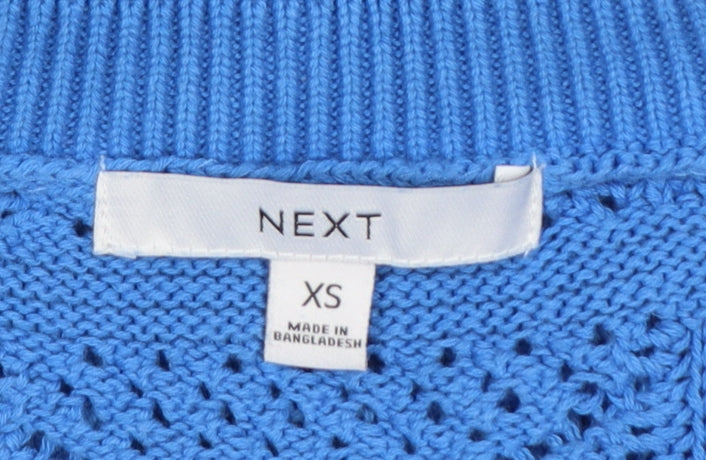 Next Women Blue XS V-Neck Geometric Open Knit Cotton Jumper