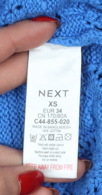 Next Women Blue XS V-Neck Geometric Open Knit Cotton Jumper