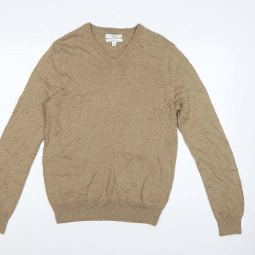 Marks and Spencer Men Beige S Pure Cotton V-Neck Pullover Jumper