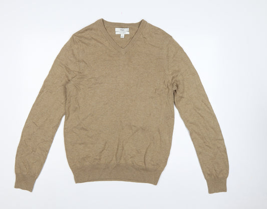 Marks and Spencer Men Beige S Pure Cotton V-Neck Pullover Jumper