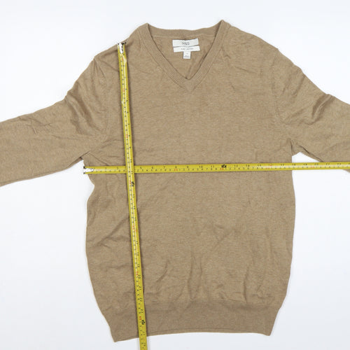Marks and Spencer Men Beige S Pure Cotton V-Neck Pullover Jumper