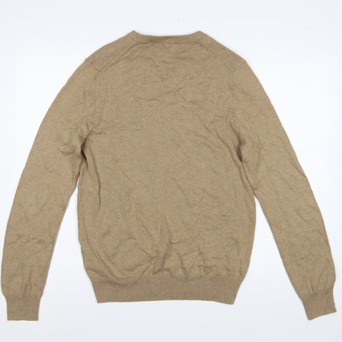Marks and Spencer Men Beige S Pure Cotton V-Neck Pullover Jumper