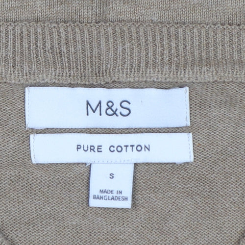 Marks and Spencer Men Beige S Pure Cotton V-Neck Pullover Jumper