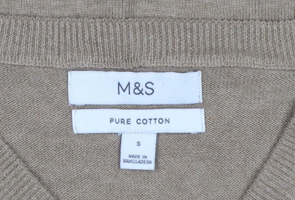 Marks and Spencer Men Beige S Pure Cotton V-Neck Pullover Jumper