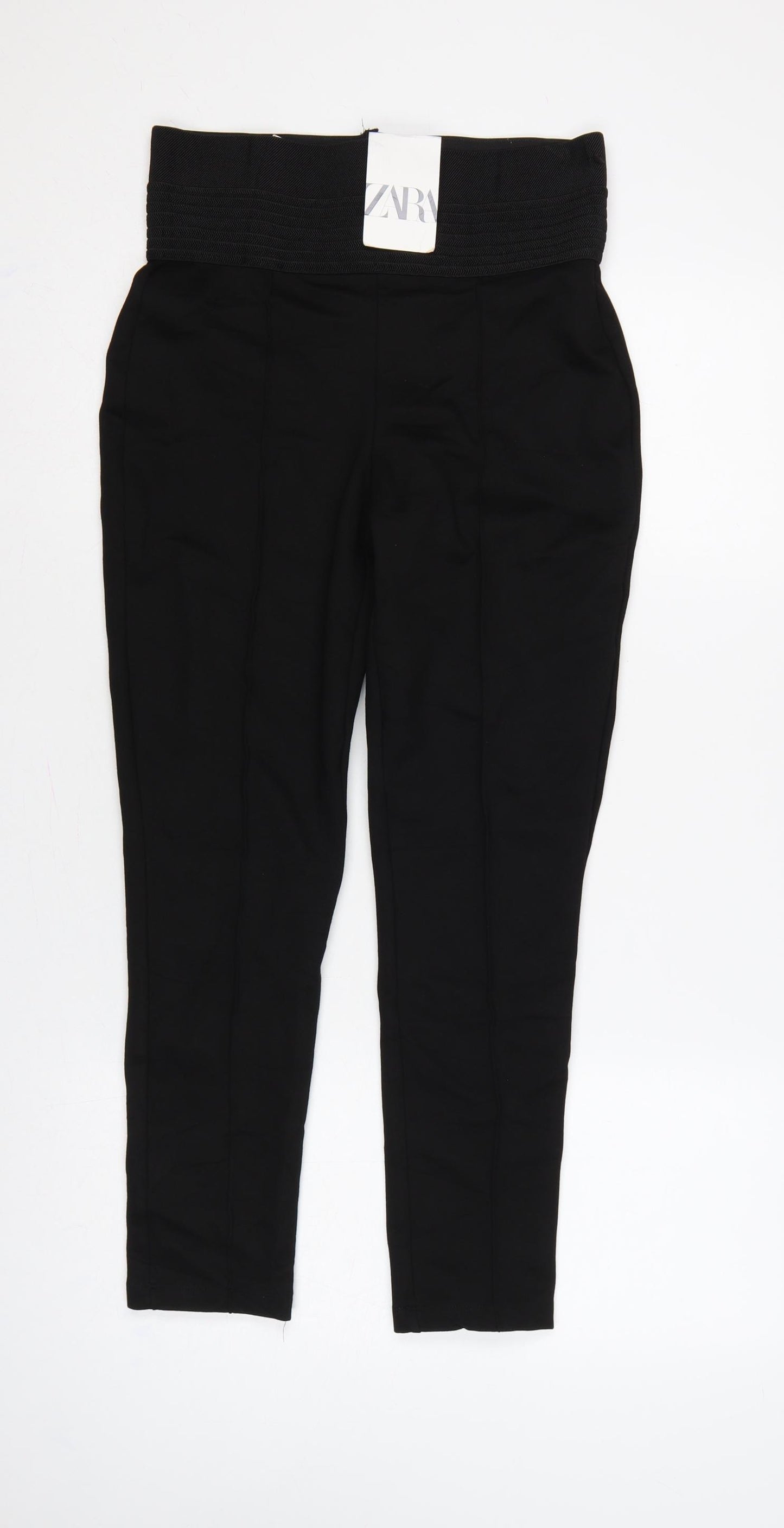 Zara Women Black High Rise Stretch Textured Waist Leggings UK L