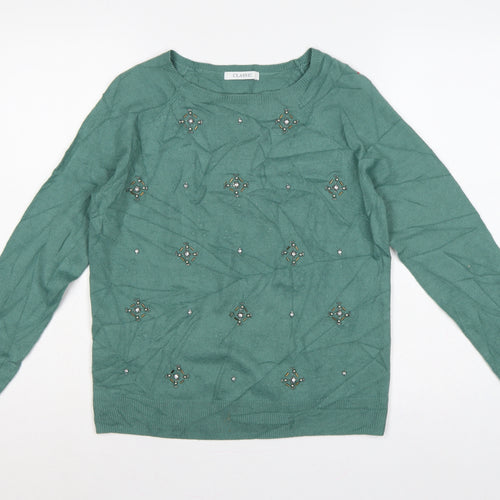 M&S Women’s Green UK 10 Beaded Jewel Round Neck Knit Pullover Jumper