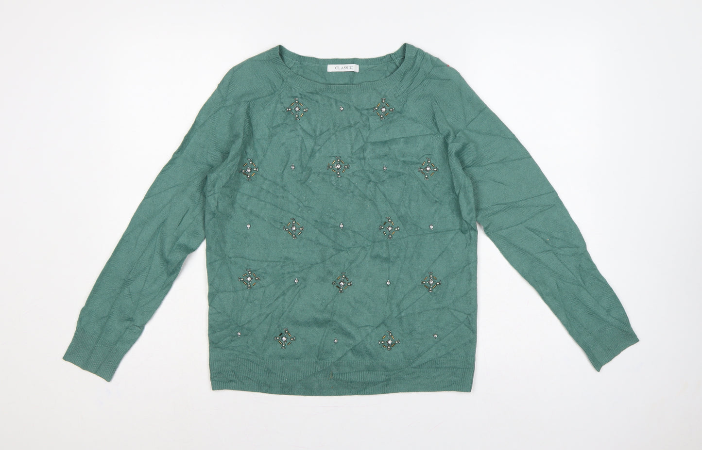 M&S Women’s Green UK 10 Beaded Jewel Round Neck Knit Pullover Jumper