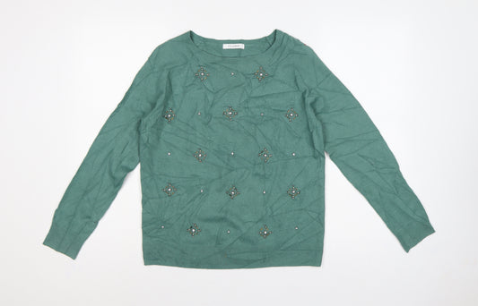 M&S Women’s Green UK 10 Beaded Jewel Round Neck Knit Pullover Jumper