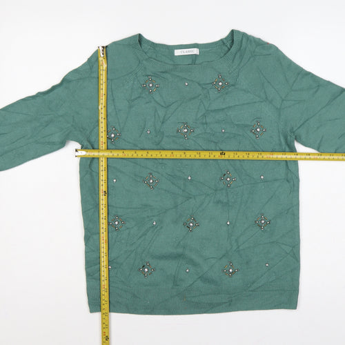 M&S Women’s Green UK 10 Beaded Jewel Round Neck Knit Pullover Jumper