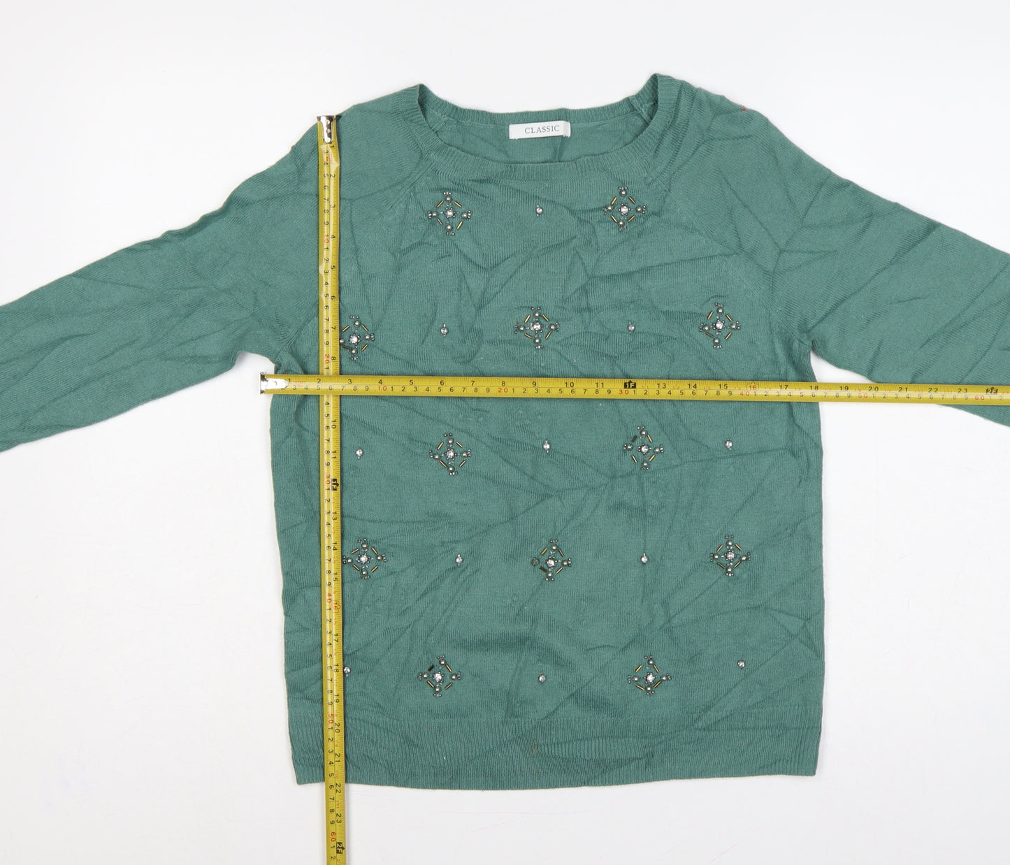 M&S Women’s Green UK 10 Beaded Jewel Round Neck Knit Pullover Jumper