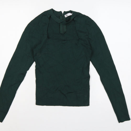Zara Women Green L Rib Knit 1/4 Zip Ruffle Neck Jumper