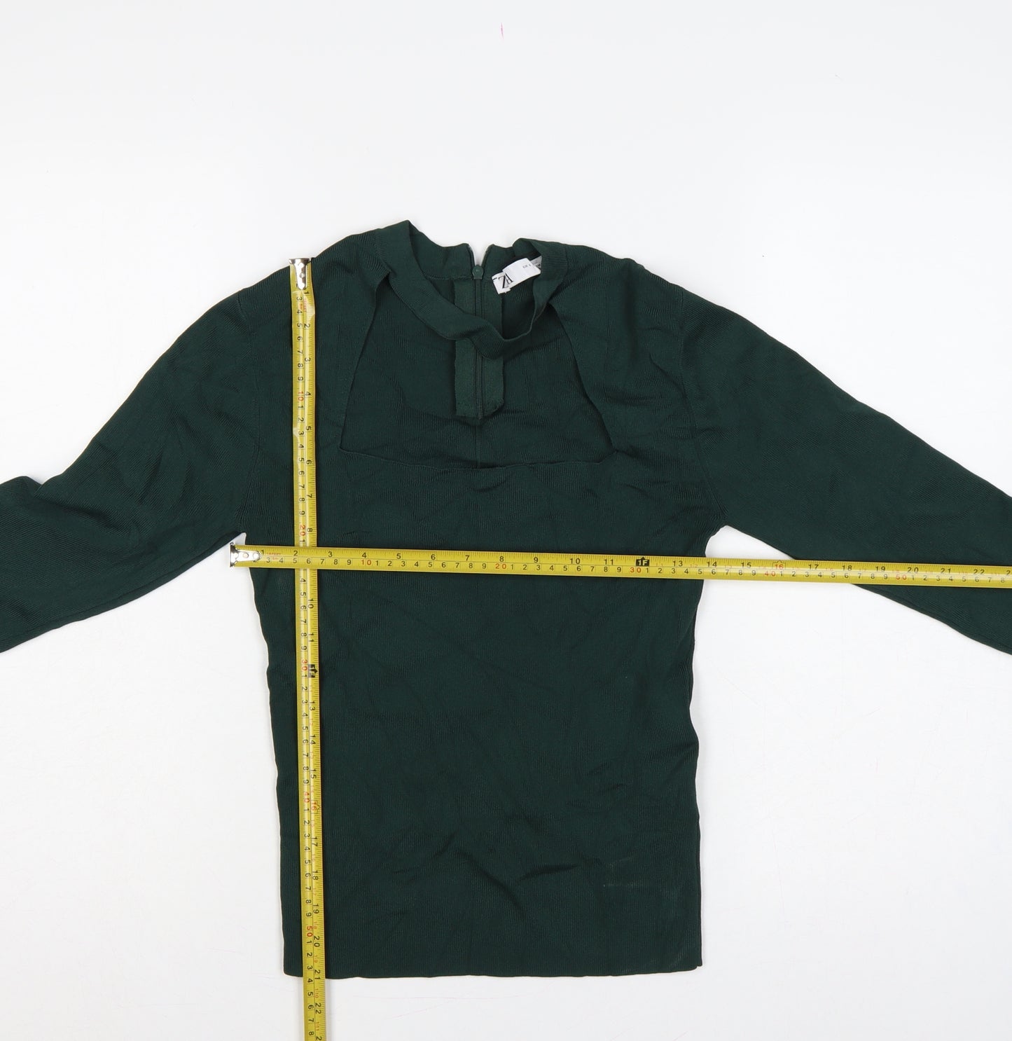 Zara Women Green L Rib Knit 1/4 Zip Ruffle Neck Jumper