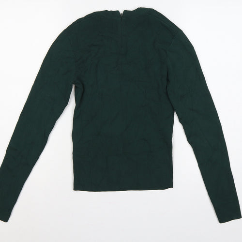 Zara Women Green L Rib Knit 1/4 Zip Ruffle Neck Jumper