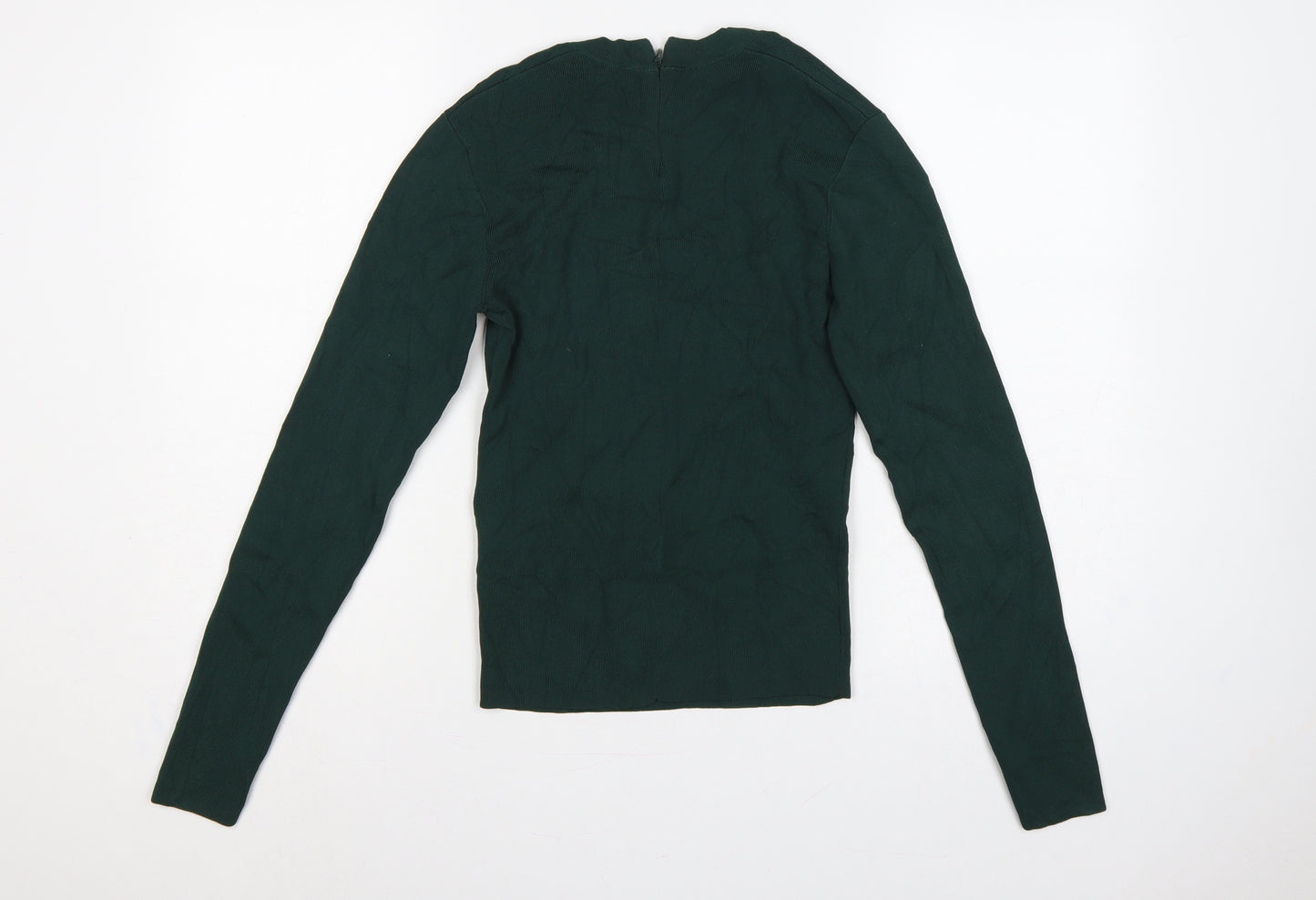 Zara Women Green L Rib Knit 1/4 Zip Ruffle Neck Jumper