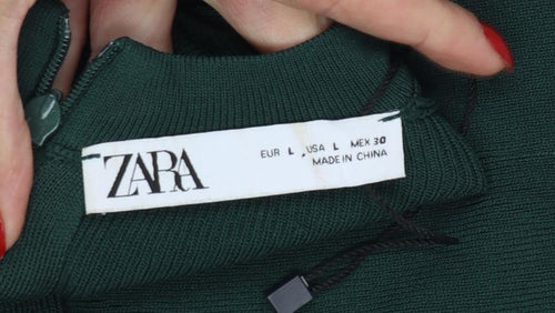 Zara Women Green L Rib Knit 1/4 Zip Ruffle Neck Jumper