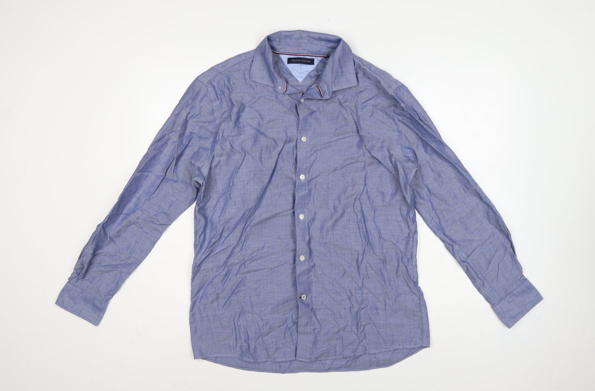 Back view of Tommy Hilfiger Men’s Blue 16 L Herringbone Button-Down Formal Shirt