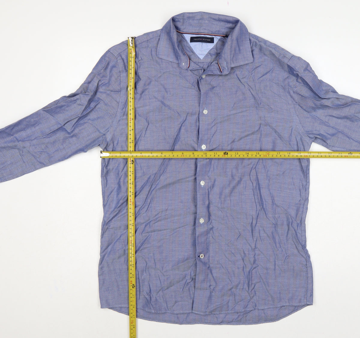 Close-up detail of Tommy Hilfiger Men’s Blue 16 L Herringbone Button-Down Formal Shirt