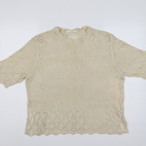 Marks & Spencer Women Beige UK 18 Linen Blend Open-Knit Short Sleeve Jumper