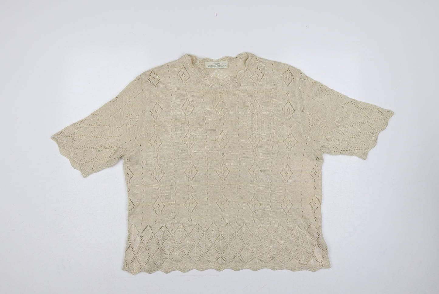 Marks & Spencer Women Beige UK 18 Linen Blend Open-Knit Short Sleeve Jumper