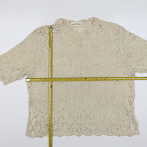 Marks & Spencer Women Beige UK 18 Linen Blend Open-Knit Short Sleeve Jumper