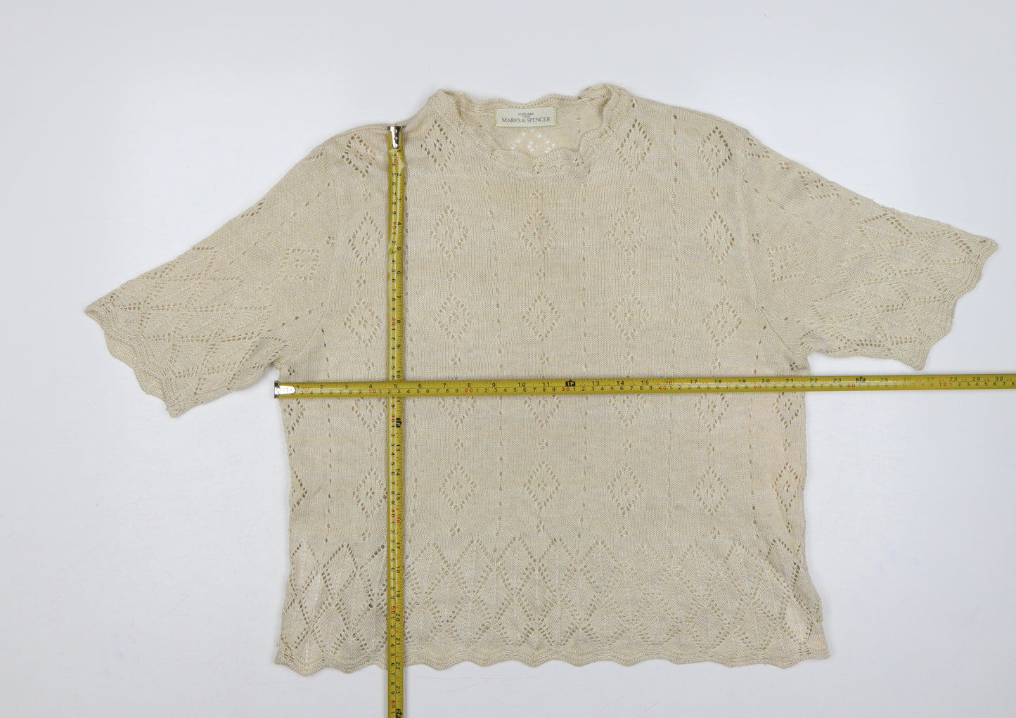Marks & Spencer Women Beige UK 18 Linen Blend Open-Knit Short Sleeve Jumper