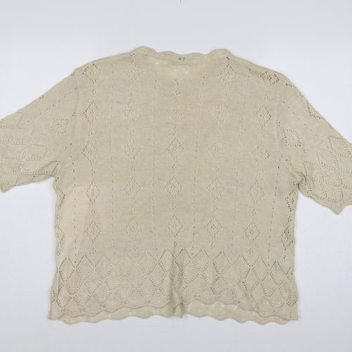 Marks & Spencer Women Beige UK 18 Linen Blend Open-Knit Short Sleeve Jumper