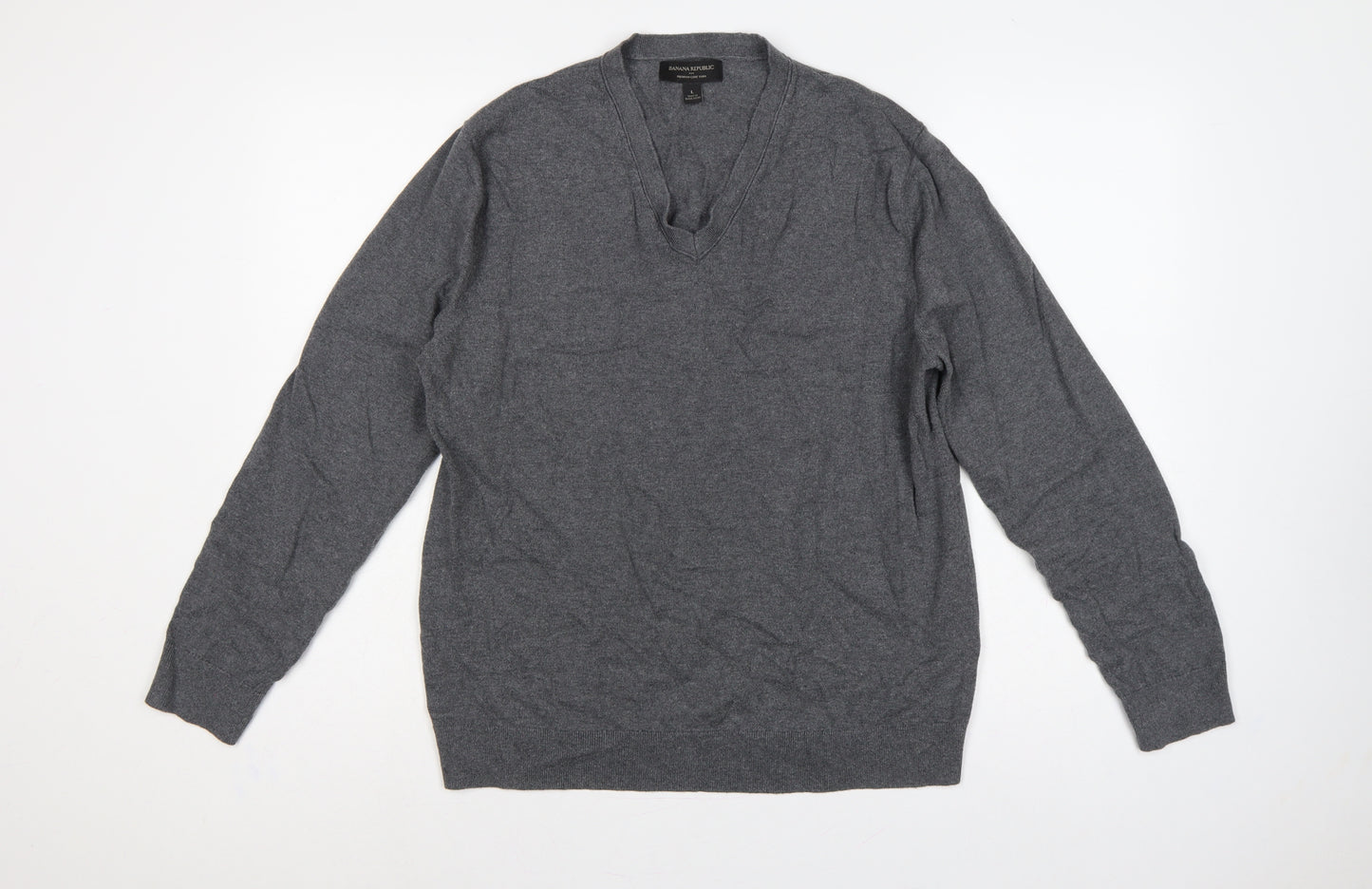 Banana Republic Men’s Grey L V-Neck Cotton Cashmere Pullover Jumper