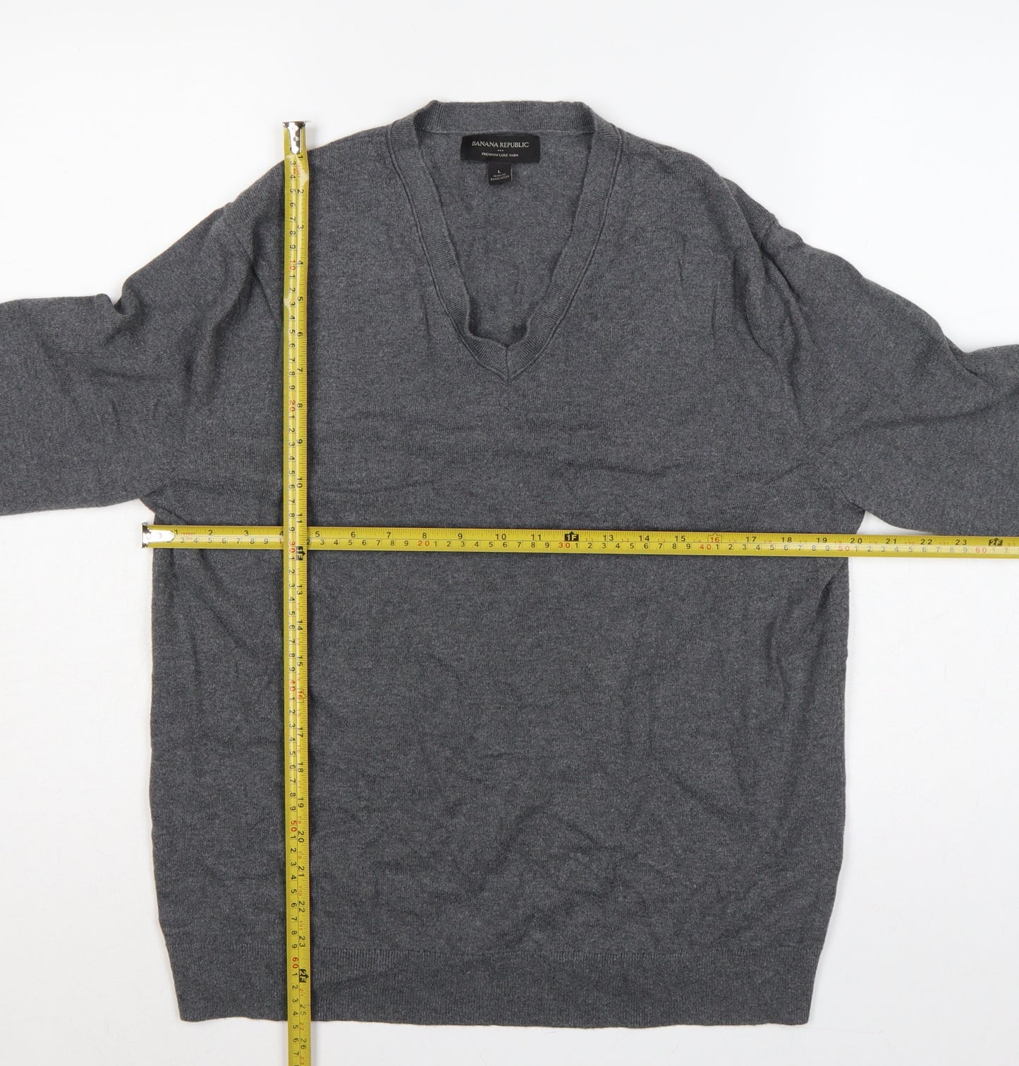 Banana Republic Men’s Grey L V-Neck Cotton Cashmere Pullover Jumper