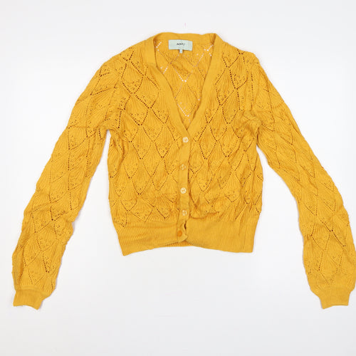 Moves Women Yellow S Open Knit Cotton V-Neck Button Cardigan