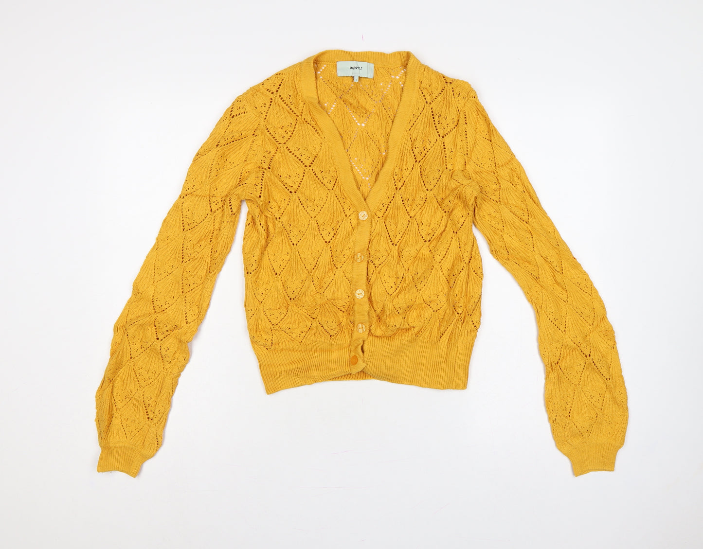 Moves Women Yellow S Open Knit Cotton V-Neck Button Cardigan