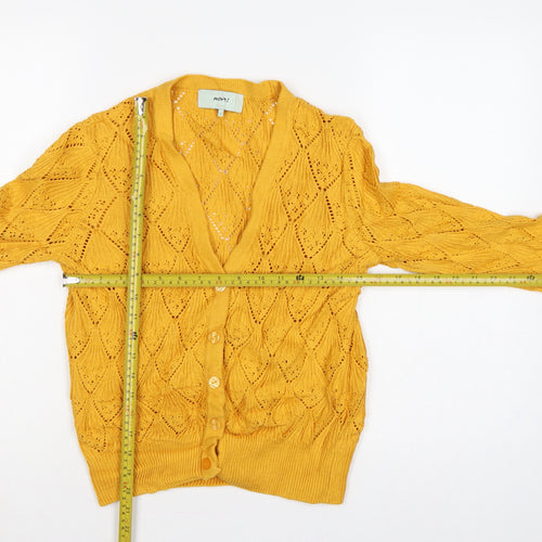 Moves Women Yellow S Open Knit Cotton V-Neck Button Cardigan