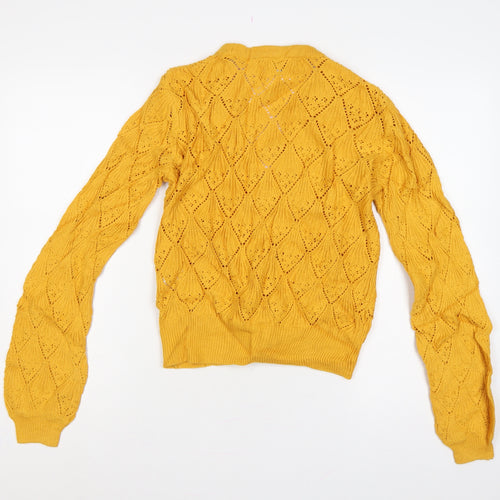 Moves Women Yellow S Open Knit Cotton V-Neck Button Cardigan