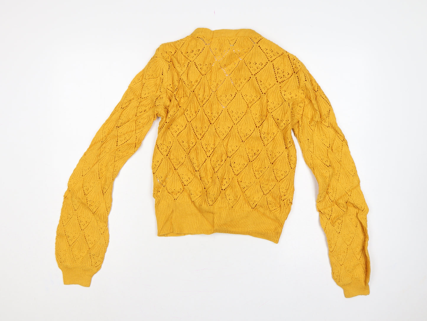 Moves Women Yellow S Open Knit Cotton V-Neck Button Cardigan