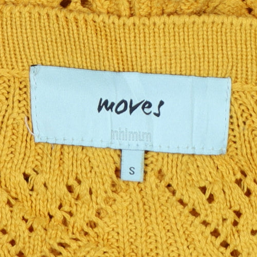 Moves Women Yellow S Open Knit Cotton V-Neck Button Cardigan