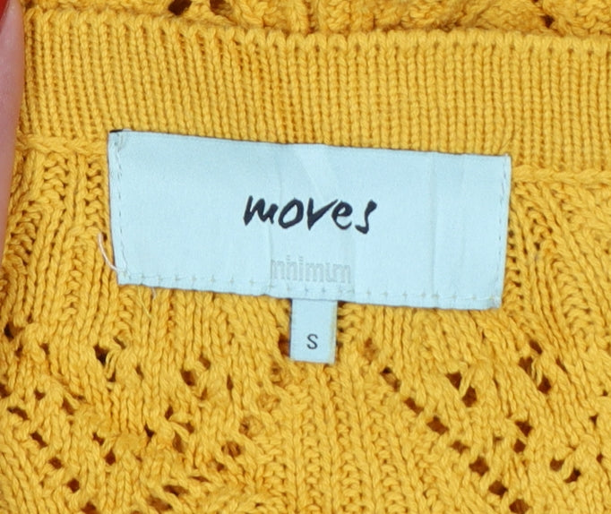Moves Women Yellow S Open Knit Cotton V-Neck Button Cardigan