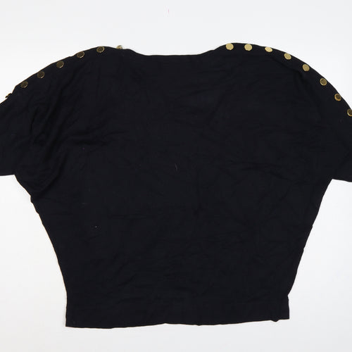 Jaeger Women’s Black XL Wool Batwing Pullover Gold Button Jumper